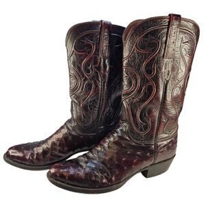 VTG Lucchese 95753 Men's 10 B Ostrich Leather‎ Cowboy Boots Oxblood Burgundy